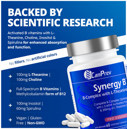 CanPrev Synergy B Complex 60 V-Caps 30-Day Supply - Vitamin B Supplement with L-Theanine 200mg - Complete B Complex Optimized with L-5-MTHF Activated Folate & Spirulina - Vegan, Non-GMO & Gluten-Free 🍁 All In One Marketplace Canada
