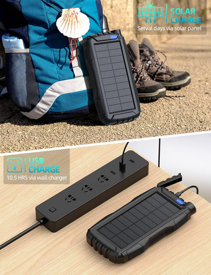 Solar Charger, Power Bank, 42800mAh Portable Charger Power Bank External Battery Pack 5V3.1A Qc 3.0 Fast Charger Built-in Super Bright Flashlight (Black) 🍁 All In One Marketplace Canada
