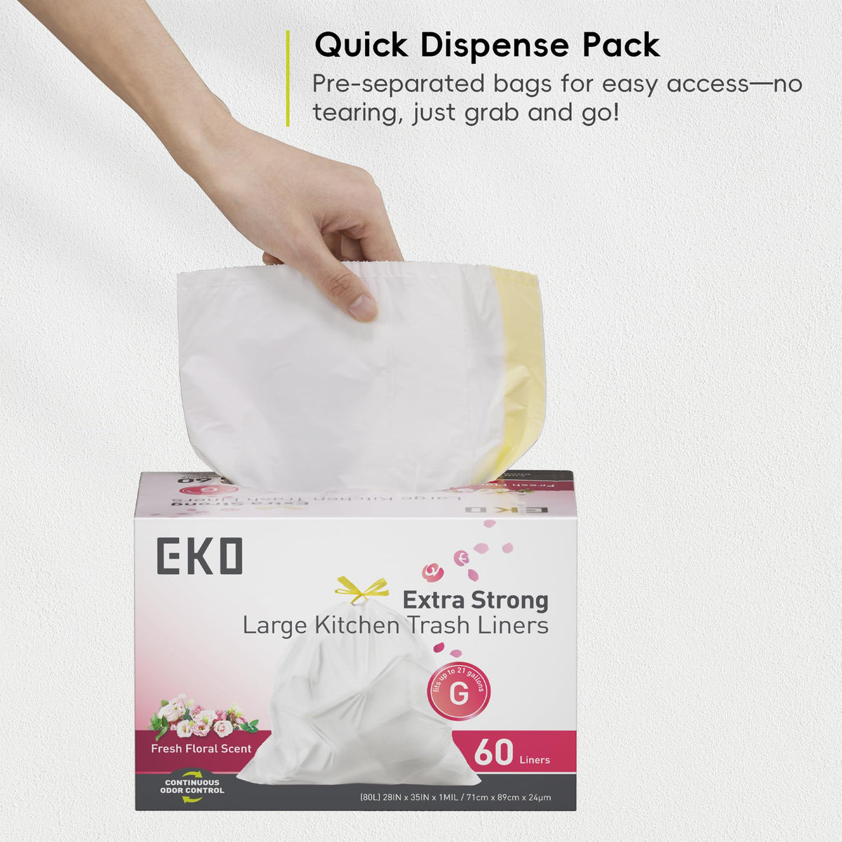 EKO Extra Strong 21 Gallon Large Trash Bags, Heavy-Duty Drawstring Kitchen & Household Garbage Bags (80L), Leak-Resistant, Fresh Floral Scent, Continuous Odor Control, 60 Count, Code G 🍁 All In One Marketplace Canada