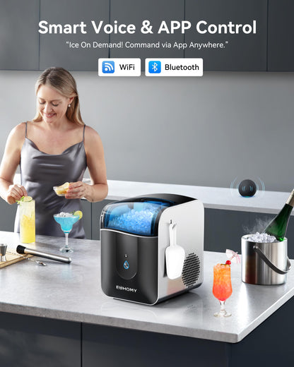 EUHOMY Smart Nugget Ice Maker Countertop, 40lbs/24H Sonic Ice Machine with APP Control, Ready in 8 Mins, Self-Cleaning Pebble Ice Machine for Home/Kitchen/Office