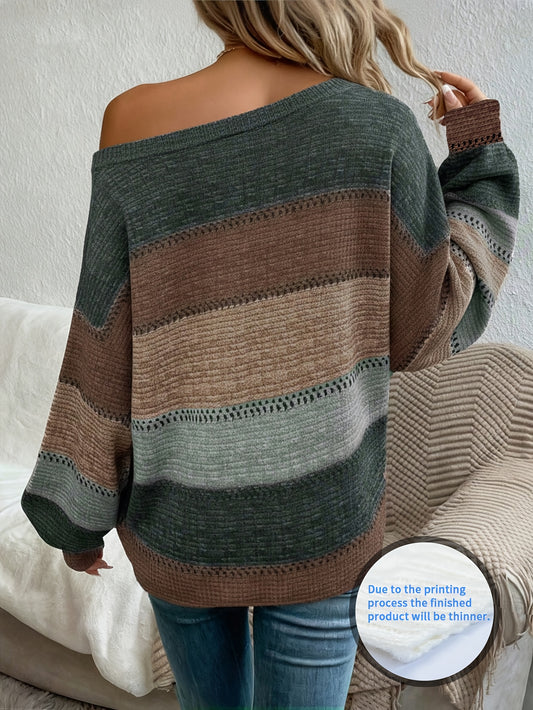 Women’s Striped Off-Shoulder Boat-Neck Sweater – Long-Sleeve Casual Knit Top