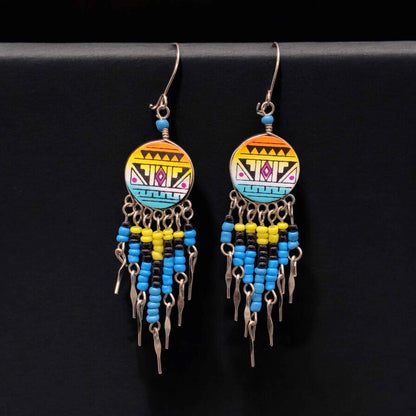 Yellow and Turquoise Southwestern Round Shaped Dangle Earrings