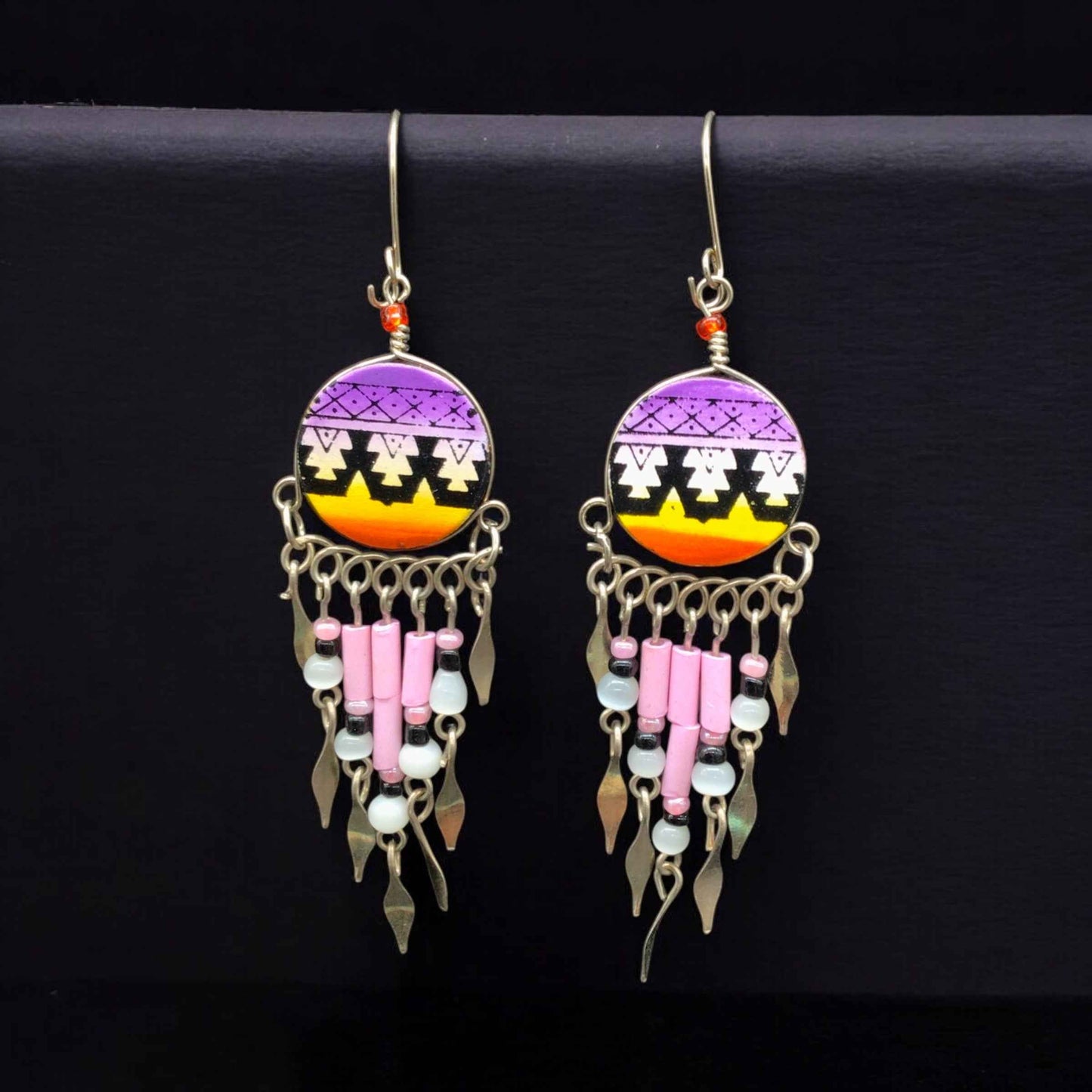 Purple and Yellow Southwestern Round Shaped Dangle Earrings