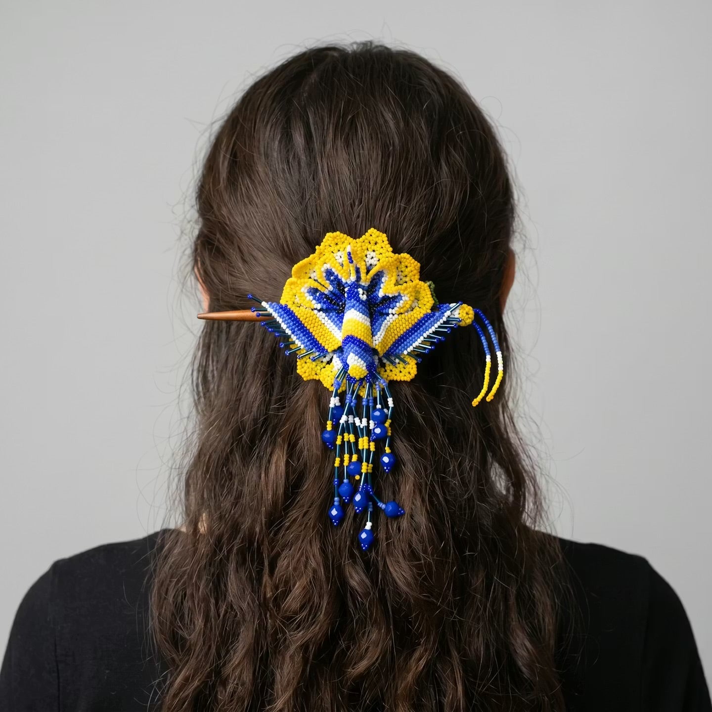 Maple Blossom Hummingbird Beaded Hair Stick Barrette Yellow