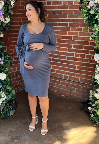 Long Sleeve Ribbed Tie Maternity Dress