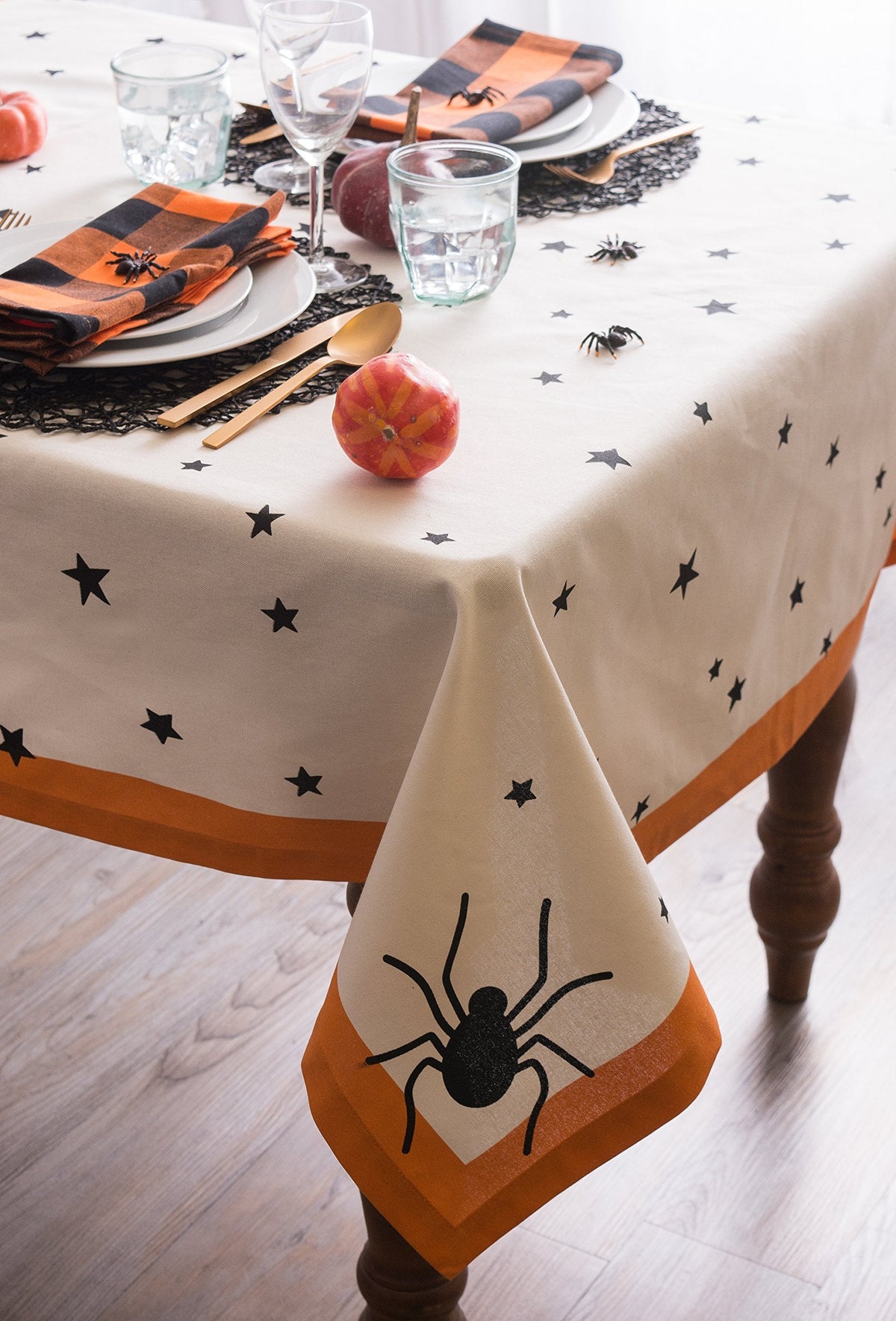 DII 100% Cotton, Machine Washable, Printed Halloween Tablecloth 52 x 52, Seats 4 People, Black Stars & Spiders