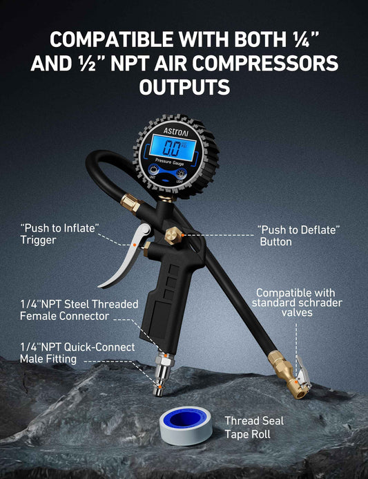 AstroAI Digital Tire Inflator with Pressure Gauge 250 PSI, Heavy Duty Air Compressor Accessory with Precision Air Chuck, Backlit LCD, 4 Unit Settings, Compatible with Car, Truck, SUV & Motorcycle 🍁 All In One Marketplace Canada