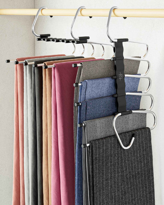 MORALVE Pants Hangers Space Saving - 2 Pack - Non-Slip Multi-Layer Space Saving Hangers - Multifunctional Clothing Rack for Closet Storage - Ideal for Jeans, Trousers, Skirts, Scarves & Slacks (Black) 🍁 All In One Marketplace Canada