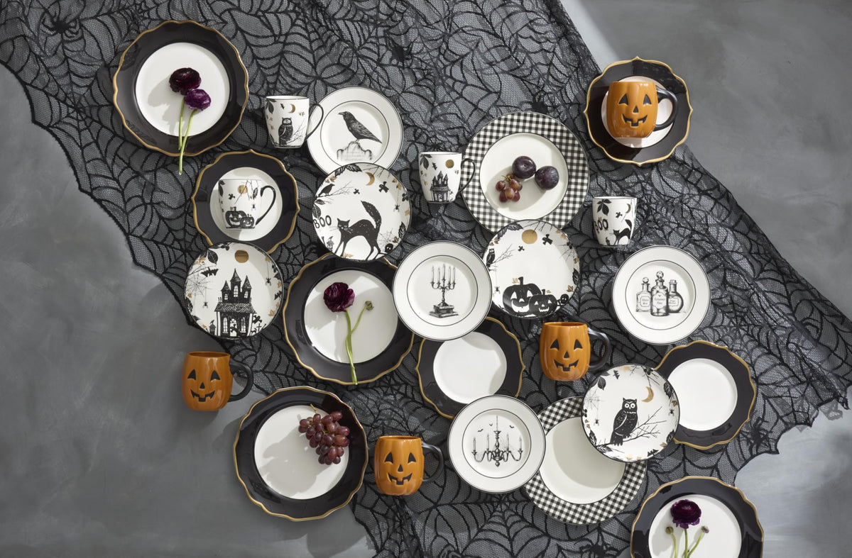 Lenox Gingham Black Halloween Porcelain Dinner Plate Set for 4
