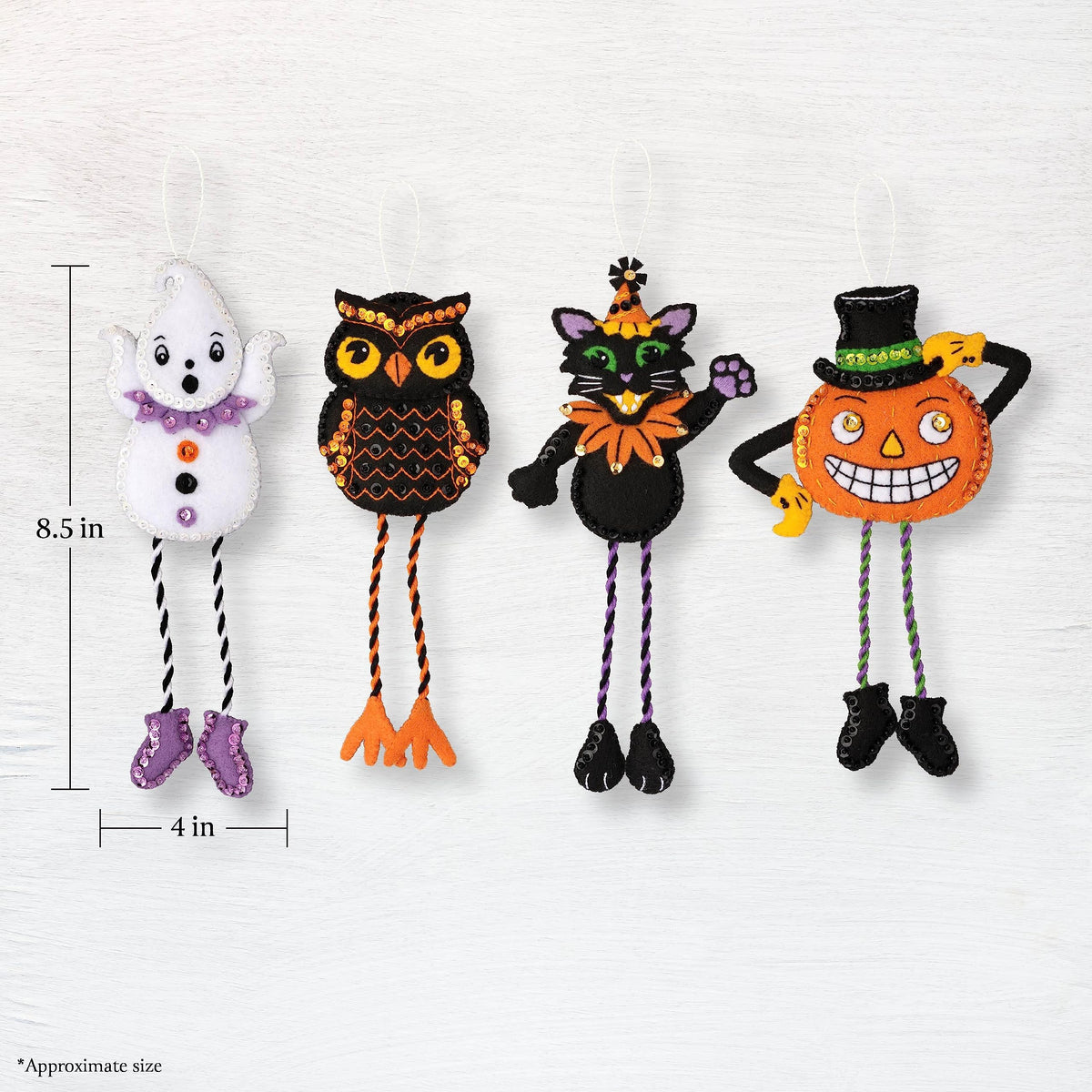 Bucilla Felt Applique 4 Piece Ornament Making Kit, Halloween Squad, Perfect for Halloween DIY Needlepoint Arts and Crafts, 89647E