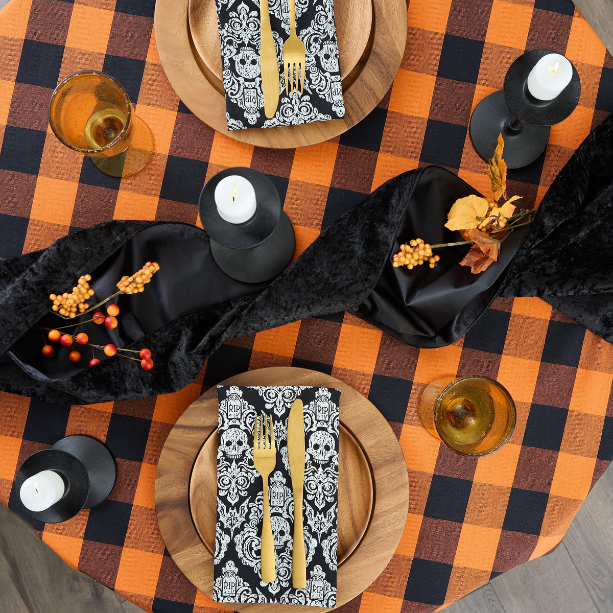 DII 100-Percent Cotton, Machine Washable, Dinner, Halloween Tablecloth 70" Round, Orange and Black Buffalo Check, Seats 4 People