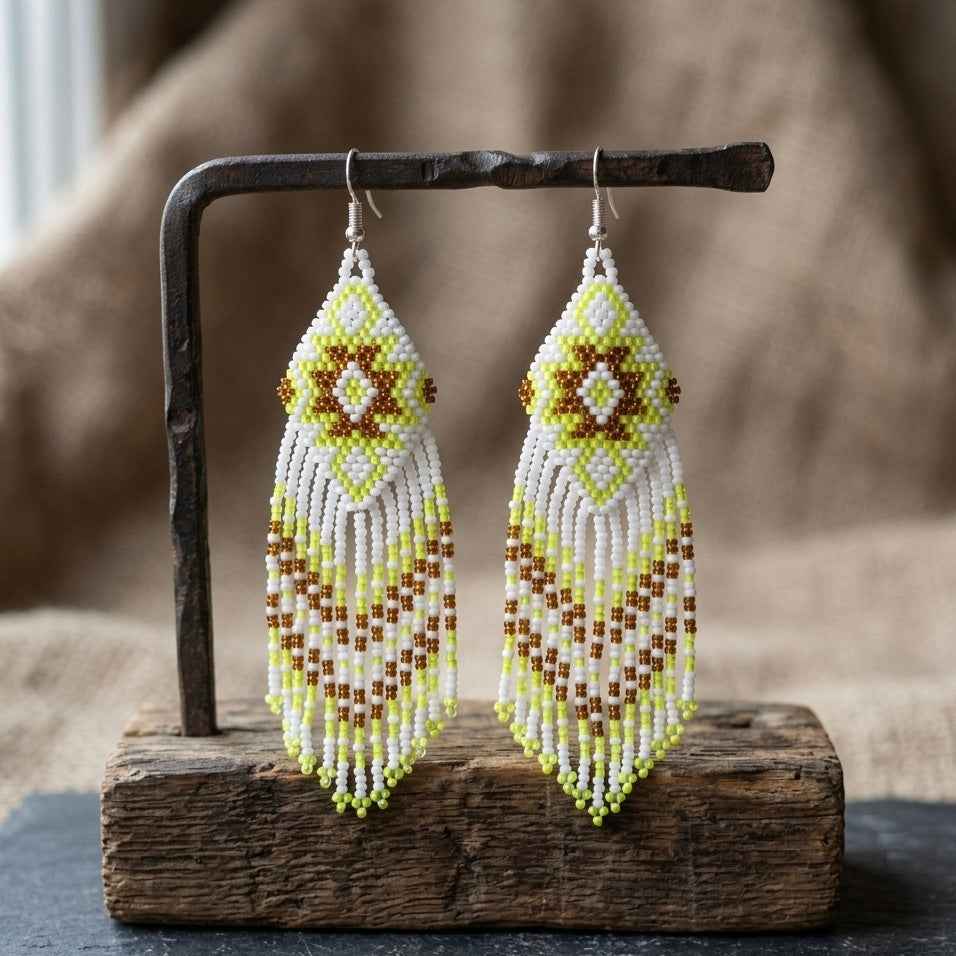 Fringe Bead Drop Earrings (White)