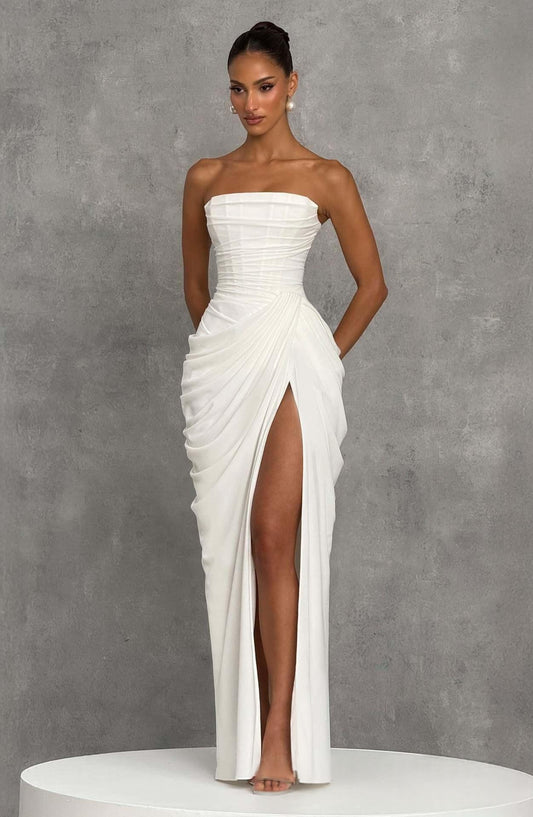 Women’s Strapless Pleated Slit Evening Dress – French Style Elegant Summer Wedding & Party Gown