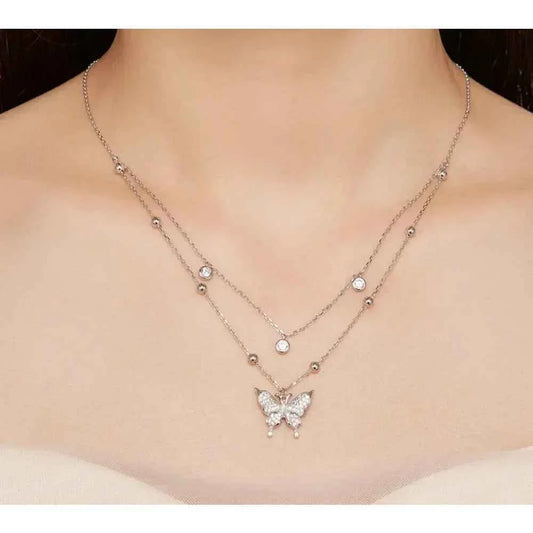 925 Sterling Silver Double-layer Tassel Butterfly Pendant Necklace for Women - Elegant Fine jewelry