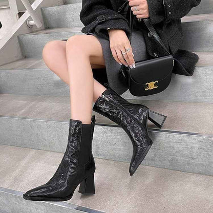 Women's Square Toe Chunky Heel Ankle Boots – European Style PU Fashion Boots