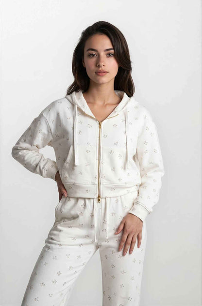 Camille – Cotton Signature Print Zip Hoodie & Jogger Leisure Set 2PC In Floral