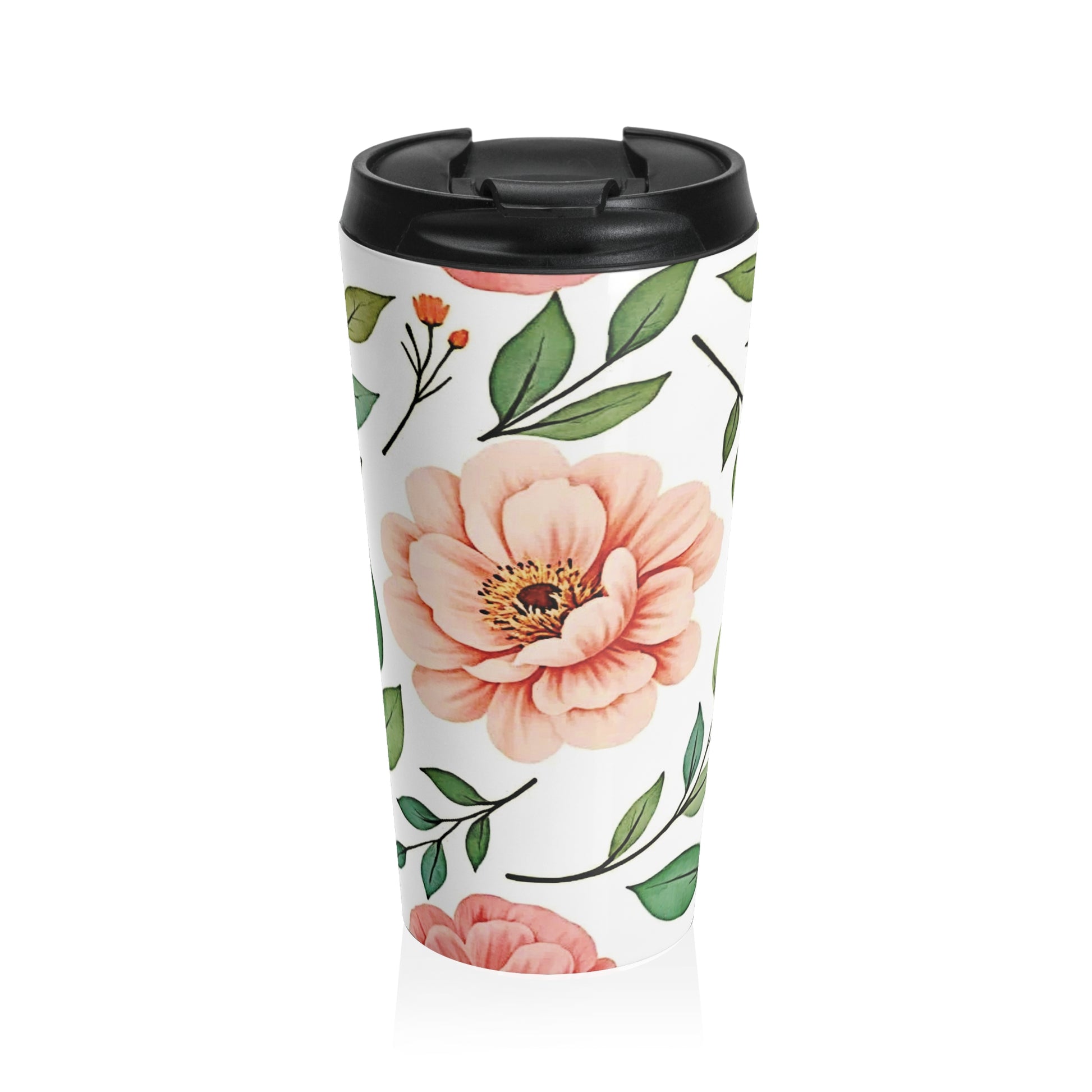 Peach Floral Pattern Stainless Steel Travel Mug | Botanical Leaves - AURABAGS SHOP