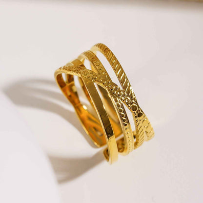 ALOIS: Cross Over Multi Stacked Textured Gold Ring