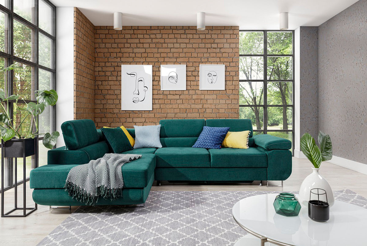 Anton Storage Sleeper Sectional Sofa - Emerald Green