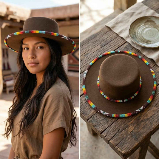 Size-62 Beaded Flat-Brim Felt Hat