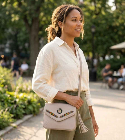 Leather beaded Crossbody bag(Beige)