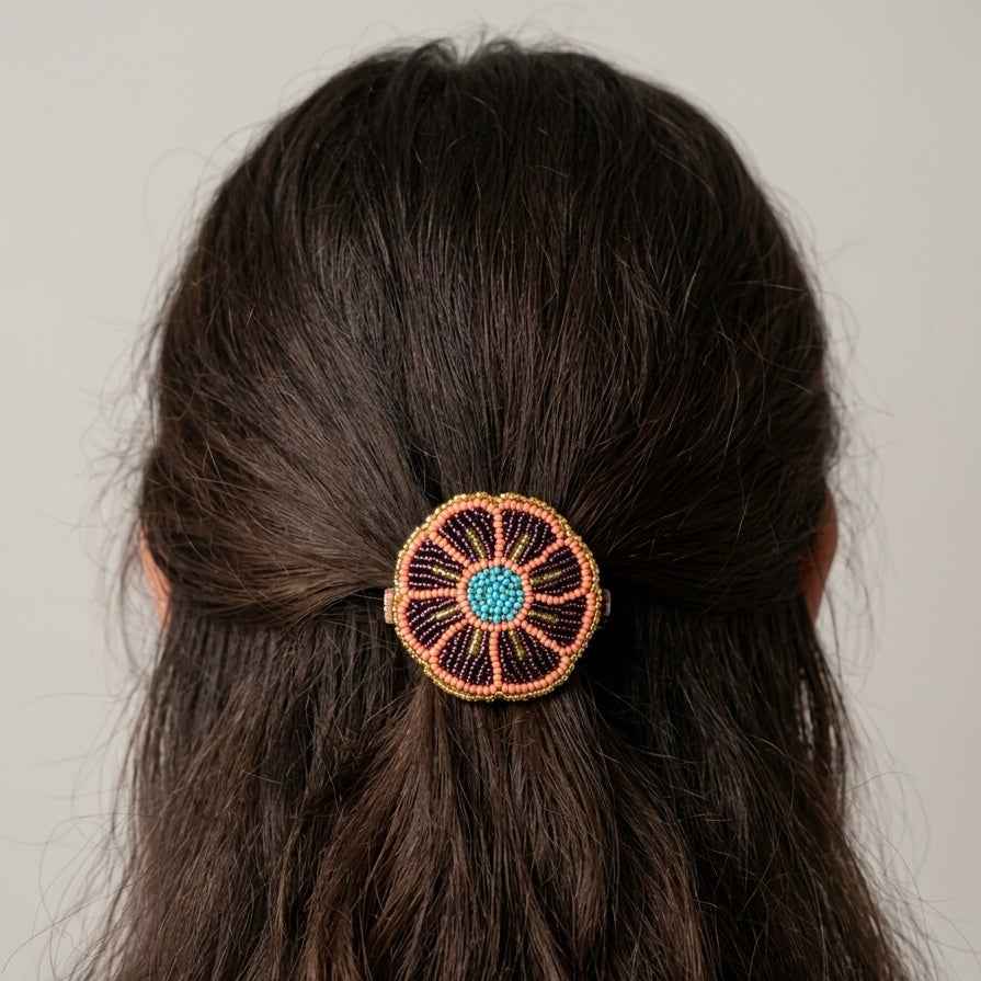 Dark Purple Beaded Flower Barrette