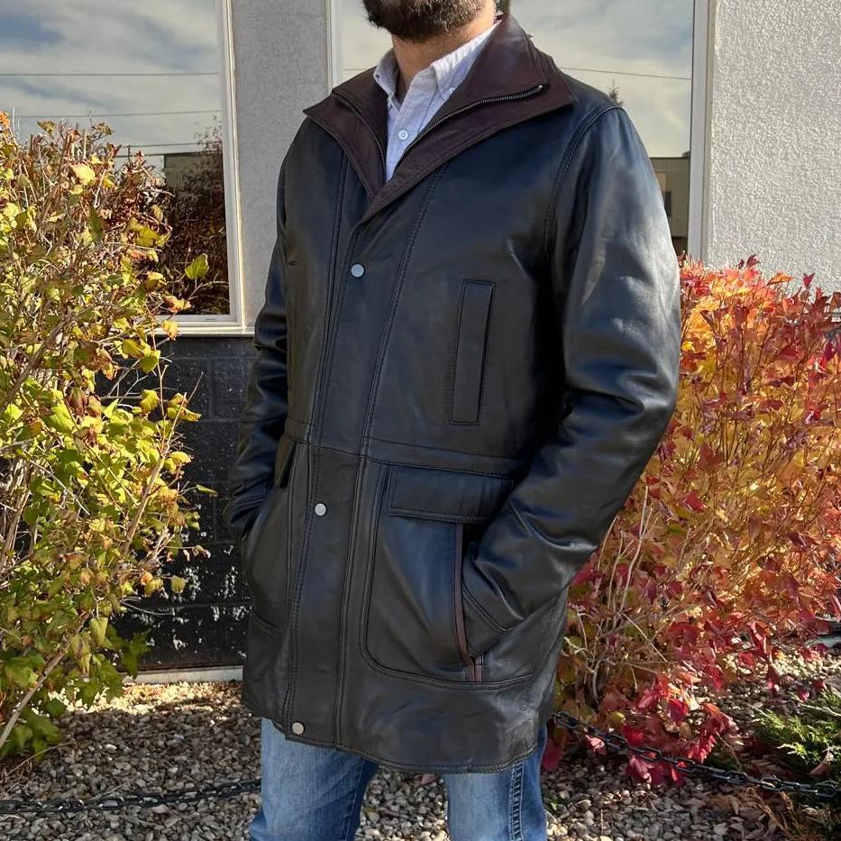 BOL Men's Double Collar Two-Tone Long Coat | Leather Jacket