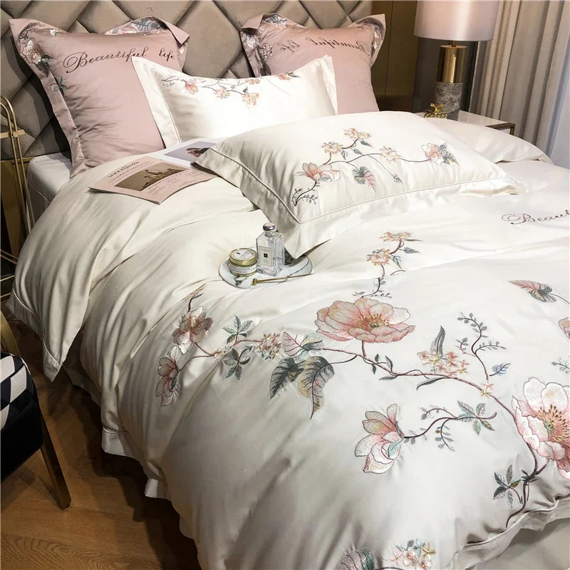 Belle Maison Embroidered Egyptian Cotton 1000 TC Duvet Set - Ivory
