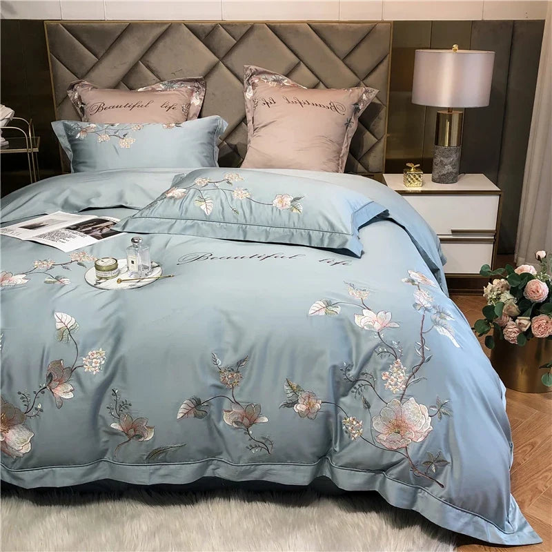 Belle Maison Embroidered Egyptian Cotton 1000 TC Duvet Set - Steel Blue