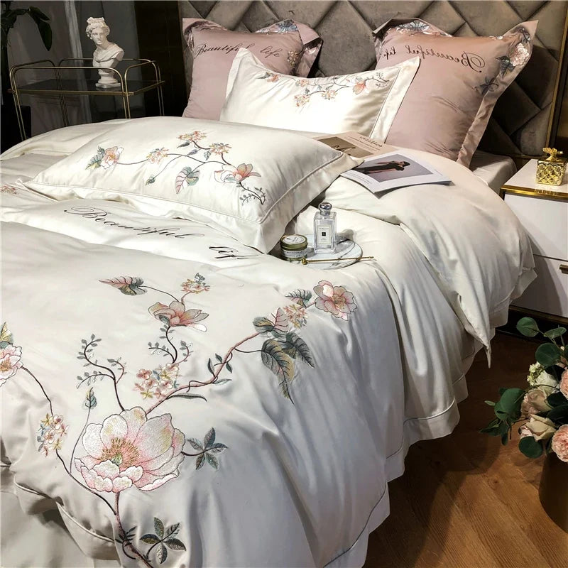 Belle Maison Embroidered Egyptian Cotton 1000 TC Duvet Set - Ivory