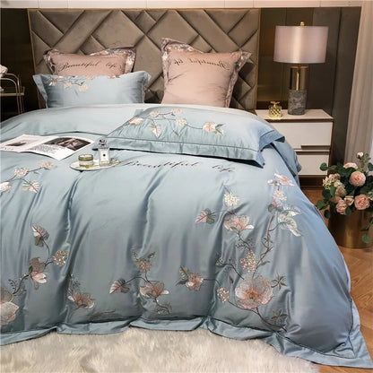 Belle Maison Embroidered Egyptian Cotton 1000 TC Duvet Set - Steel Blue