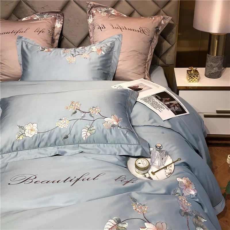 Belle Maison Embroidered Egyptian Cotton 1000 TC Duvet Set - Steel Blue