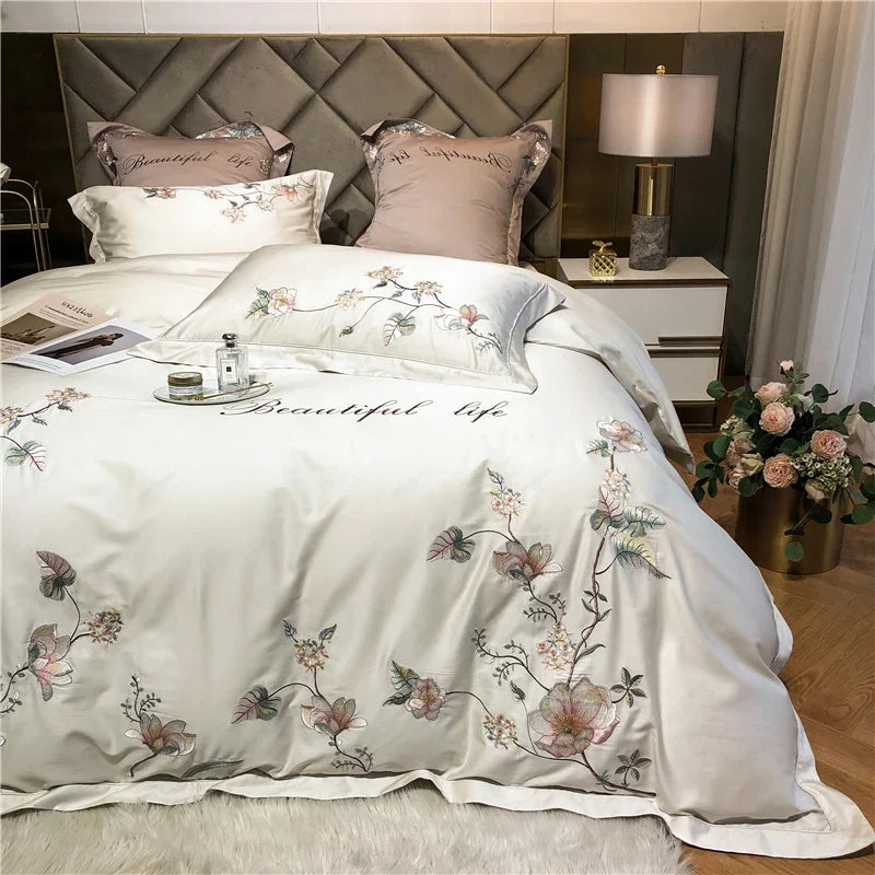 Belle Maison Embroidered Egyptian Cotton 1000 TC Duvet Set - Ivory
