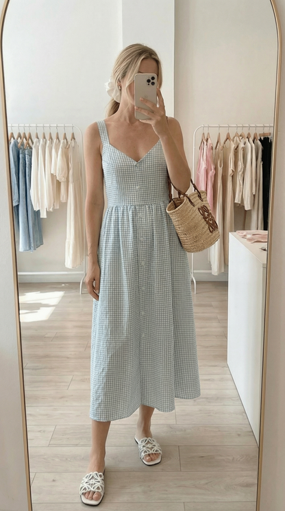 Estelle - Button Down Cotton Dress In Blue Gingham