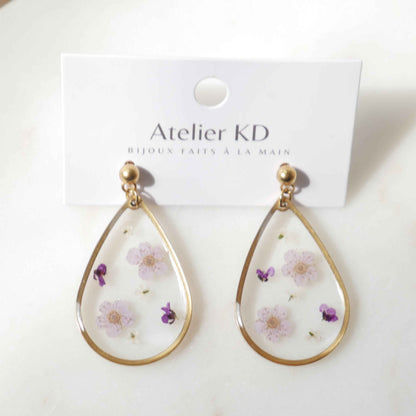 Boucles d'oreilles fleurs Violettes - goutte (XL 32mm)