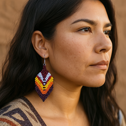 Purple and red Beaded Feather Drop Earrings