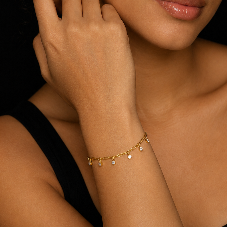 CANARI Bracelet: Mini Paper-Clip Chain Bracelet with Satellite Zirconia Charms