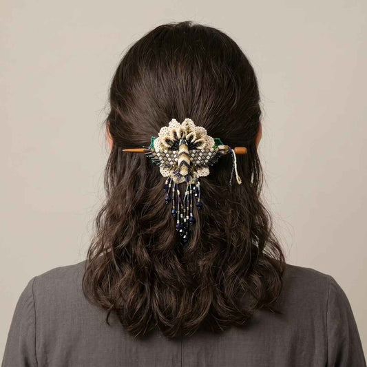 Maple Blossom Hummingbird Beaded Hair Stick Barrette White