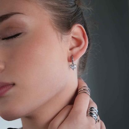 CREEDA White Gold (Silver Toned): Vintage Style Zirconia Embedded Hoops with Moissanite Heart Charm