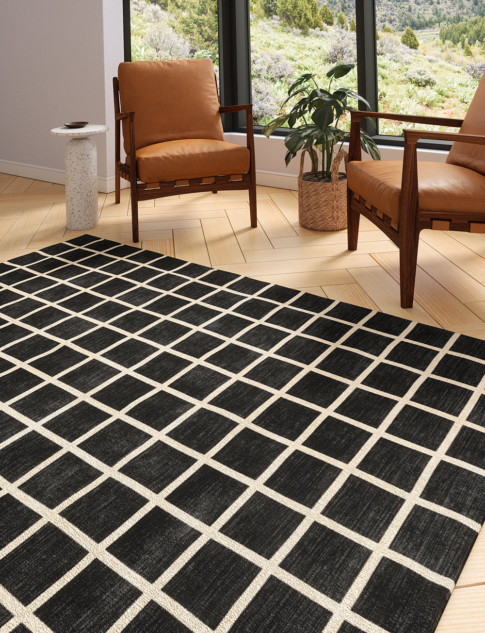 Teppich Caper Black Natur Kariert