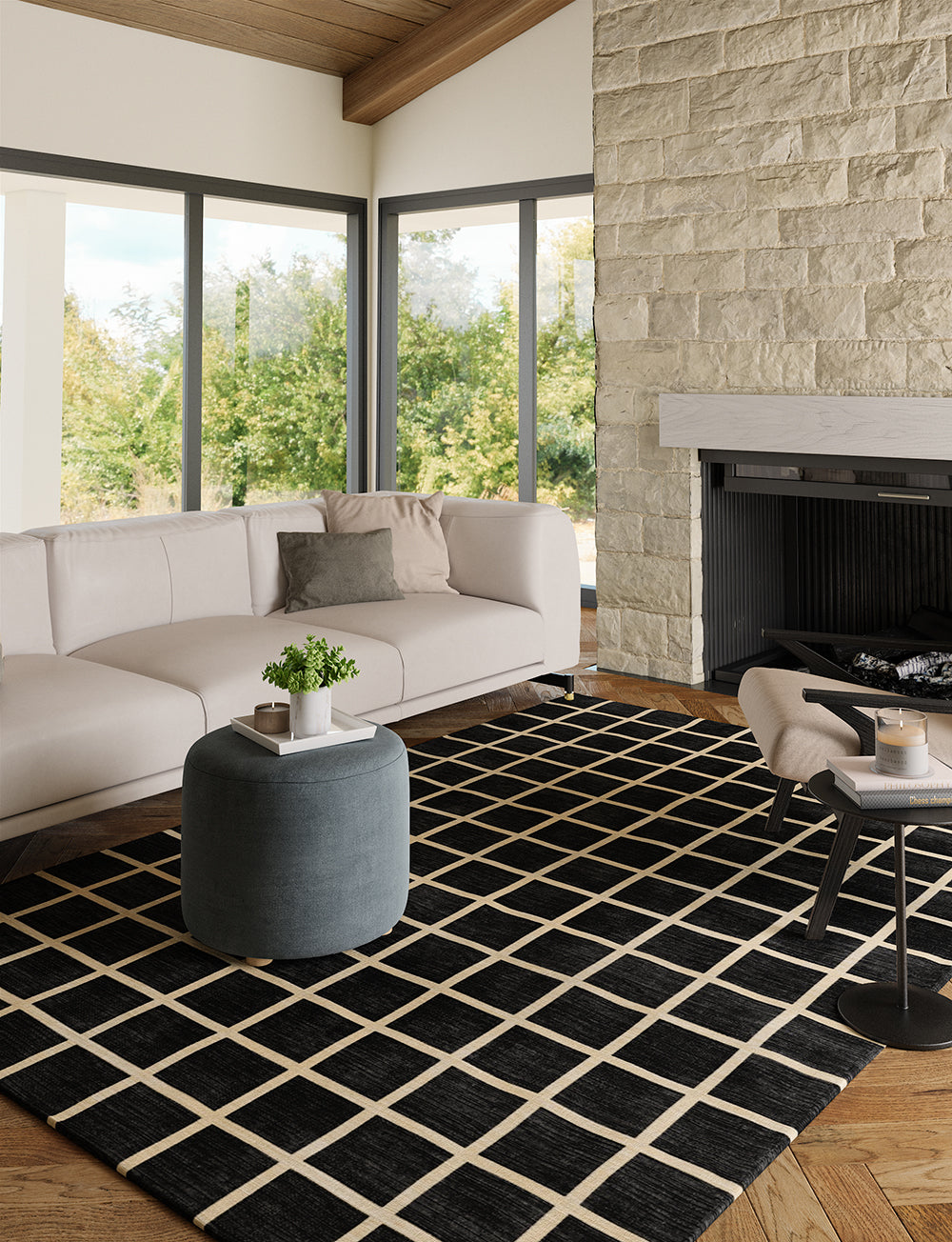 Teppich Caper Black Natur Kariert