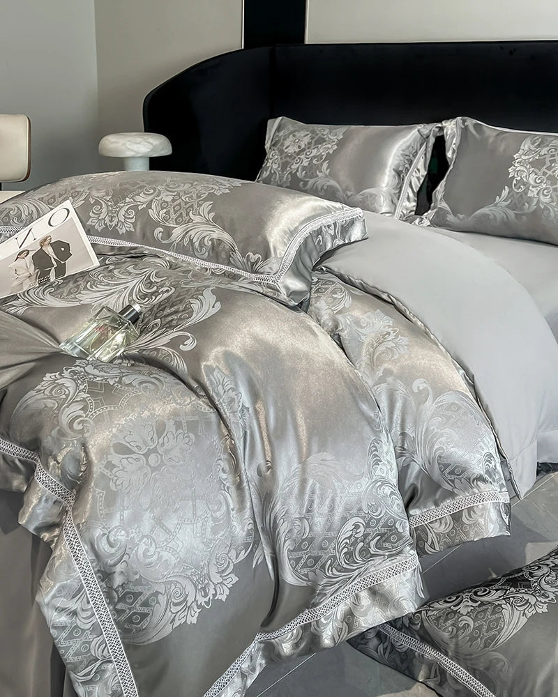 Celestia Satin Jacquard Luxury Duvet Set - Ivory/Light Grey/Blush