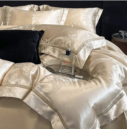 Celestia Satin Jacquard Luxury Duvet Set - Ivory/Light Grey/Blush