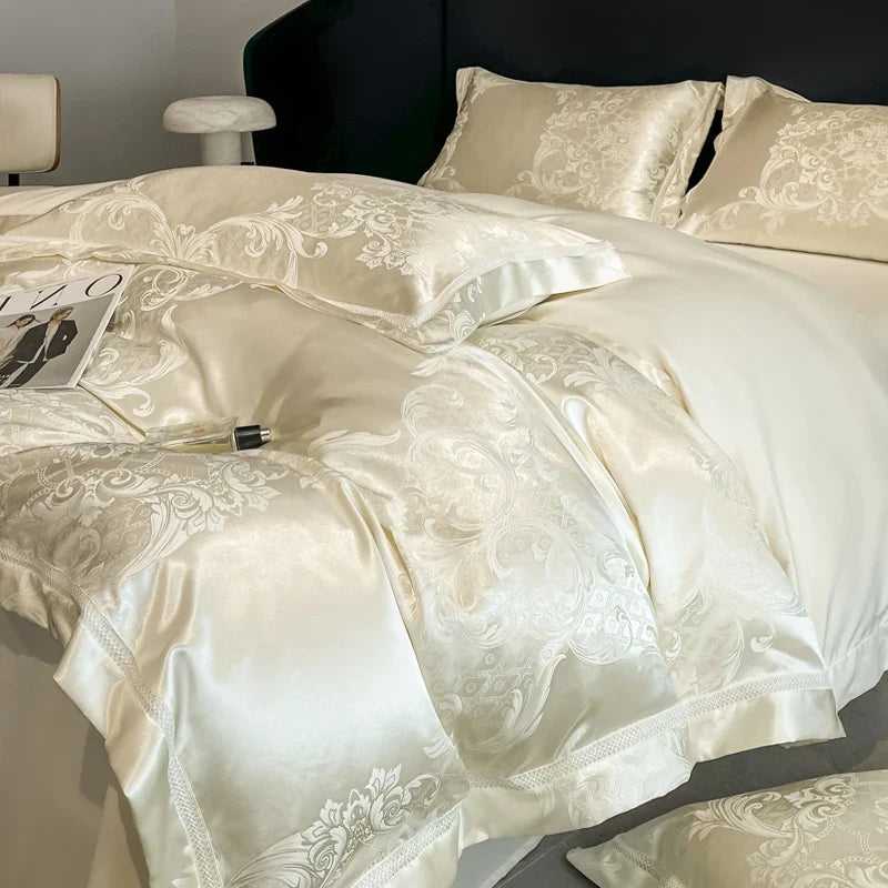 Celestia Satin Jacquard Luxury Duvet Set - Ivory/Light Grey/Blush