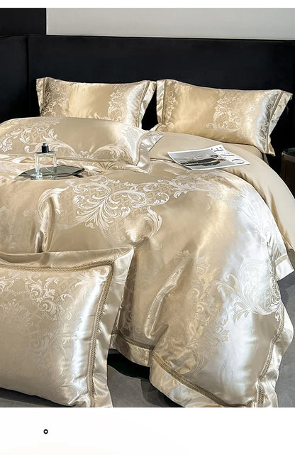 Celestia Satin Jacquard Luxury Duvet Set - Ivory/Light Grey/Blush