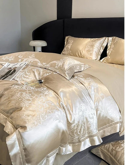 Celestia Satin Jacquard Luxury Duvet Set - Ivory/Light Grey/Blush