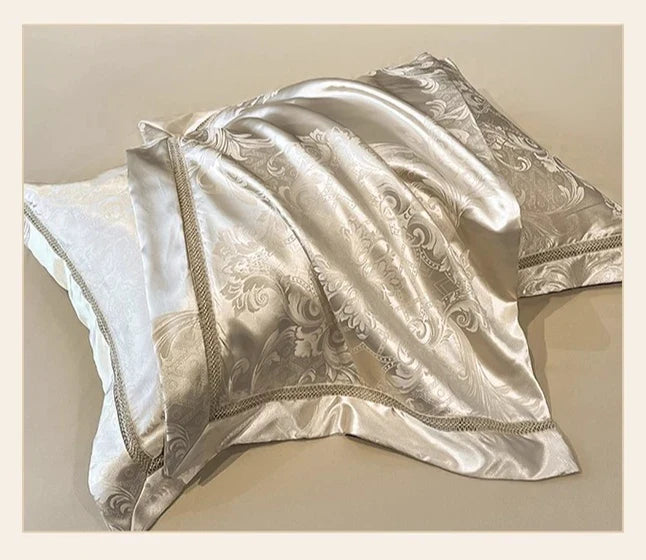 Celestia Satin Jacquard Luxury Duvet Set - Ivory/Light Grey/Blush