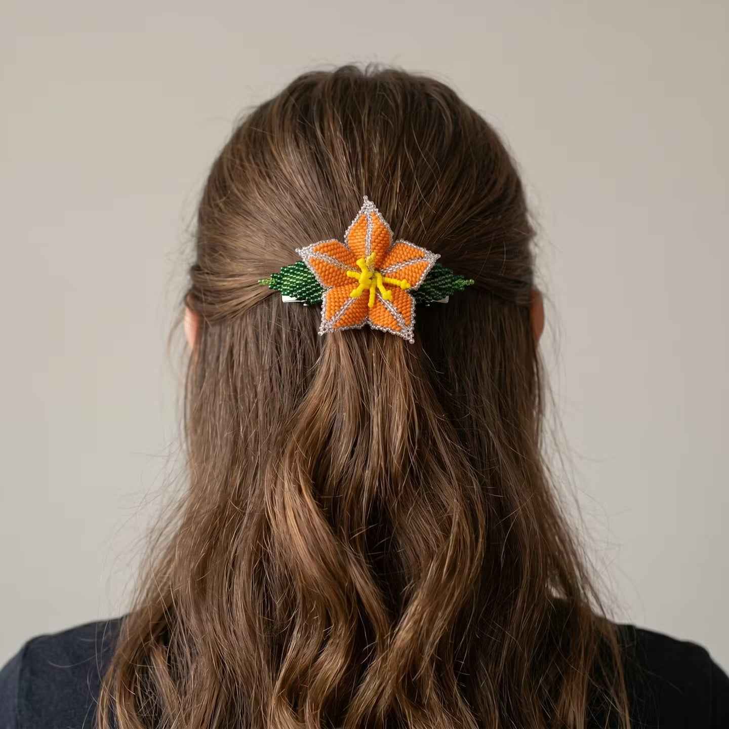 Orange Ember Bloom Beaded Hair Barrette