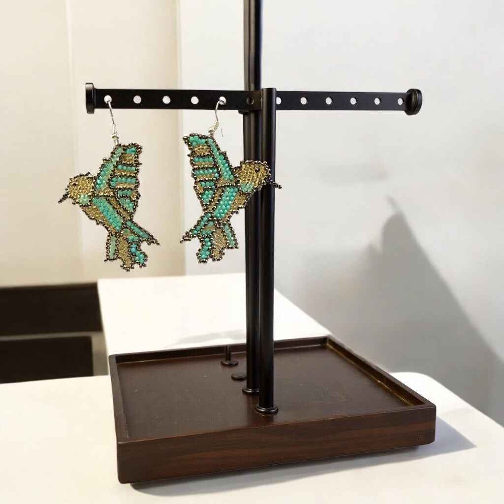 Golden Turquoise Beaded bird Earrings