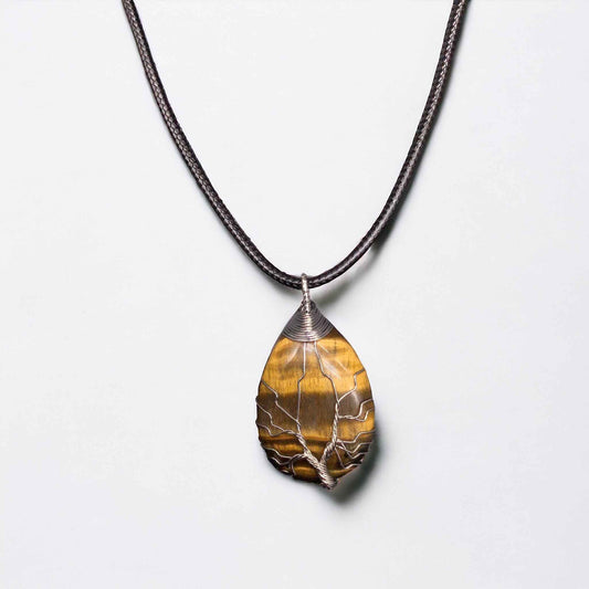 Yellow golden  tiger eyes Gemstone Pendant Wrapped w/ Silver Tree of Life